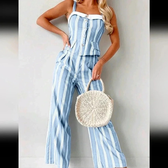 Women's Striped & Printed Simple Daily Camisole Top And Pant Set - Picture 1 of 5